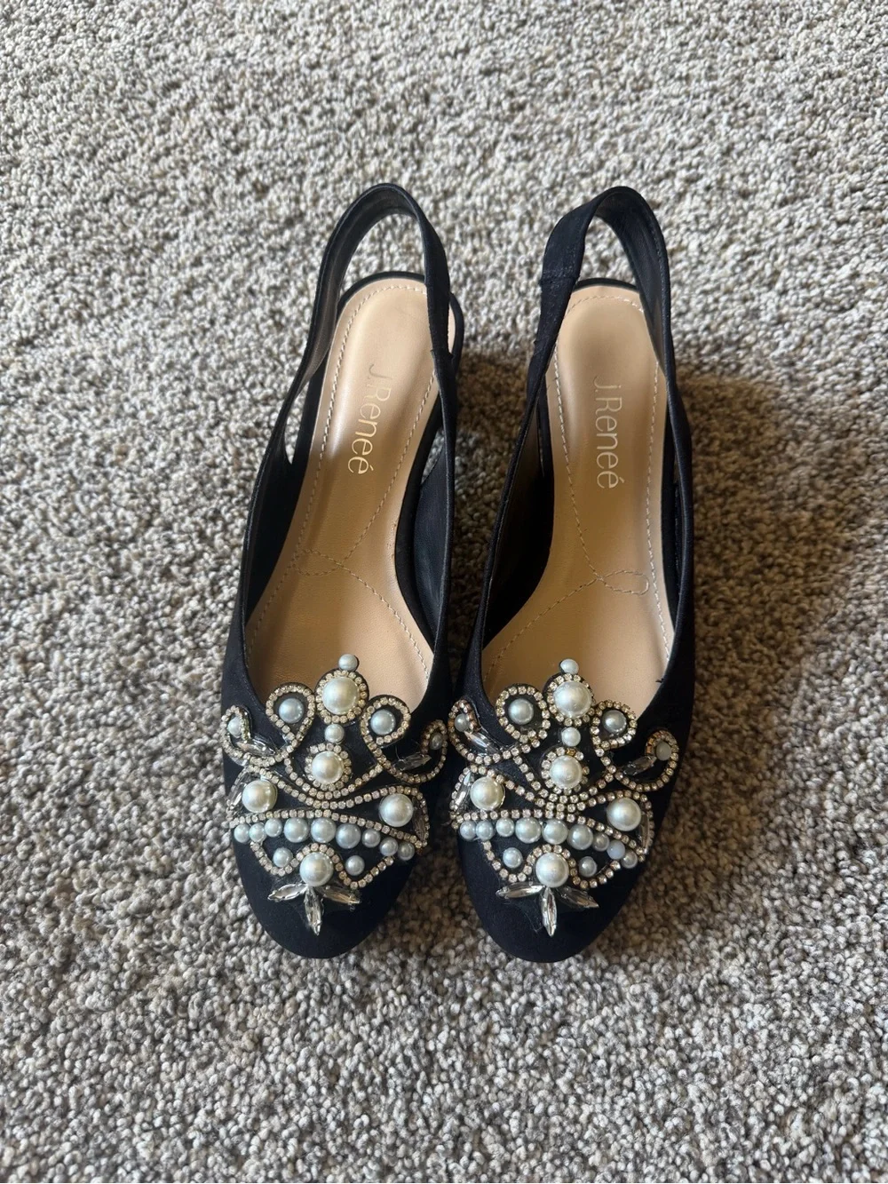 J.Renee Black Pearl & Crystal Embellished Kitten Heel Dressy Slingbacks Sz 8 - Picture 1 of 9